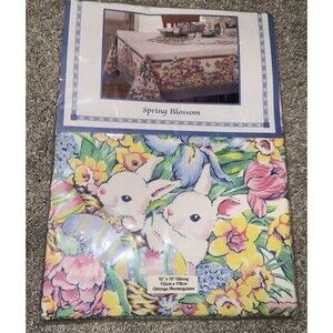 Vtg Easter Tablecloth 52x70” Eggs Basket Flower Garden Bunnies Tulips Bardwil